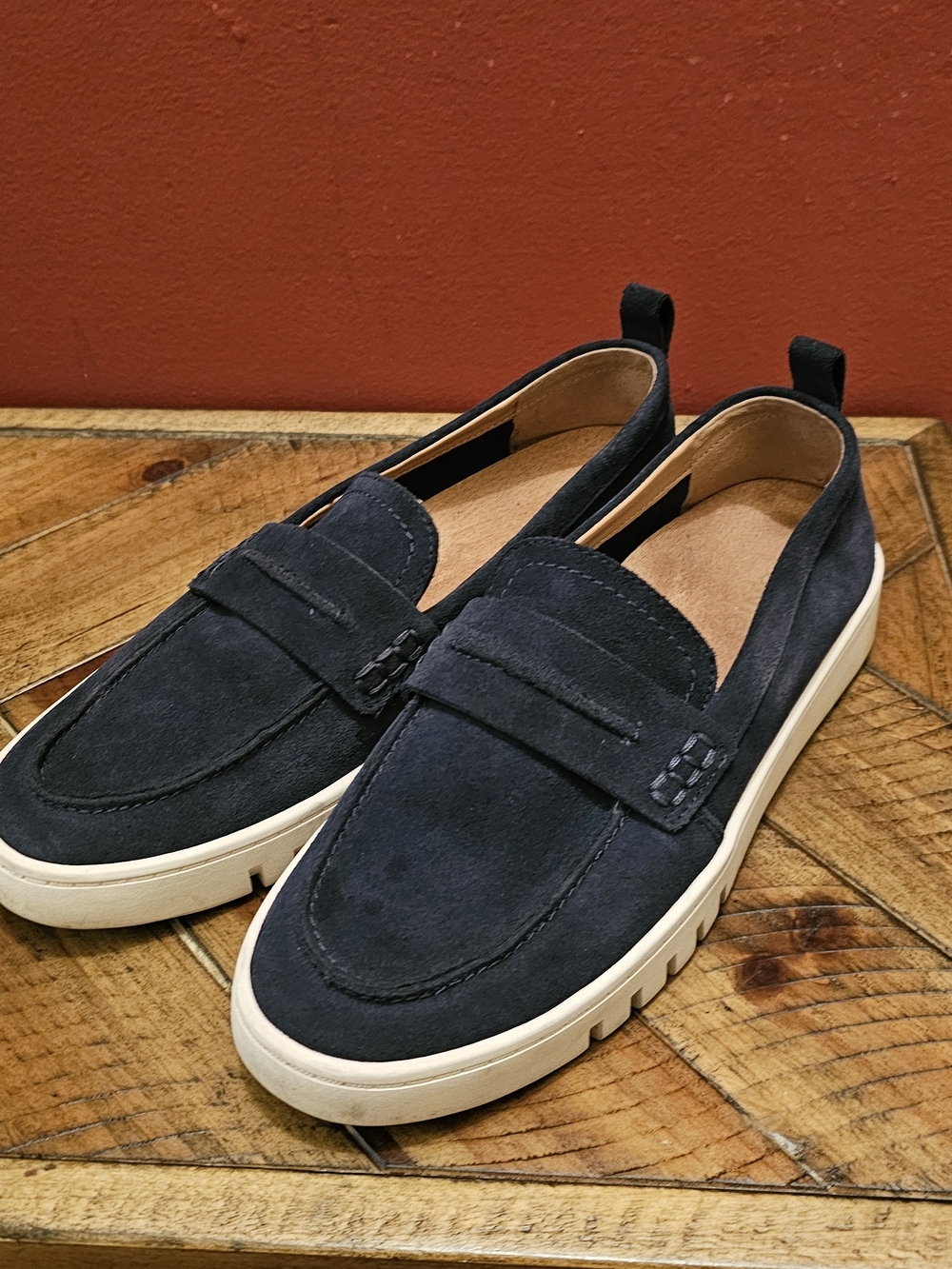 Vionic Navy Suede Penny Loafers with White Platform